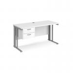 Maestro 25 straight desk 1400mm x 600mm with 2 drawer pedestal - silver cable managed leg frame, white top MCM614P2SWH