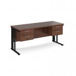 Maestro 25 straight desk 1600mm x 600mm with two x 2 drawer pedestals - black cable managed leg frame, walnut top MCM616P22KW
