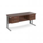 Maestro 25 straight desk 1600mm x 600mm with two x 2 drawer pedestals - silver cable managed leg frame, walnut top MCM616P22SW