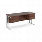 Maestro 25 straight desk 1600mm x 600mm with two x 2 drawer pedestals - white cable managed leg frame, walnut top MCM616P22WHW