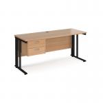 Maestro 25 straight desk 1600mm x 600mm with 2 drawer pedestal - black cable managed leg frame, beech top MCM616P2KB