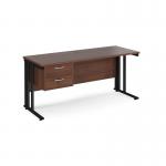 Maestro 25 straight desk 1600mm x 600mm with 2 drawer pedestal - black cable managed leg frame, walnut top MCM616P2KW