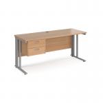 Maestro 25 straight desk 1600mm x 600mm with 2 drawer pedestal - silver cable managed leg frame, beech top MCM616P2SB