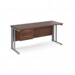 Maestro 25 straight desk 1600mm x 600mm with 2 drawer pedestal - silver cable managed leg frame, walnut top MCM616P2SW