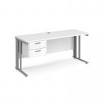 Maestro 25 straight desk 1600mm x 600mm with 2 drawer pedestal - silver cable managed leg frame, white top MCM616P2SWH