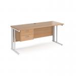 Maestro 25 straight desk 1600mm x 600mm with 2 drawer pedestal - white cable managed leg frame, beech top MCM616P2WHB