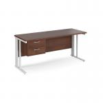 Maestro 25 straight desk 1600mm x 600mm with 2 drawer pedestal - white cable managed leg frame, walnut top MCM616P2WHW