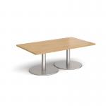 Monza rectangular coffee table with flat round brushed steel bases 1400mm x 800mm - oak MCR1400-BS-O