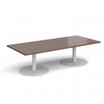 Monza rectangular coffee table with flat round white bases 1800mm x 800mm - walnut