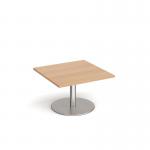 Monza square coffee table with flat round brushed steel base 800mm - beech