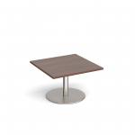 Monza square coffee table with flat round brushed steel base 800mm - walnut