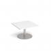 Monza square coffee table with flat round brushed steel base 800mm - white MCS800-BS-WH