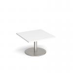 Monza square coffee table with flat round brushed steel base 800mm - white MCS800-BS-WH