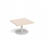 Monza square coffee table with flat round white base 800mm - maple