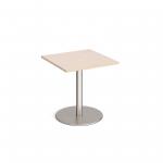 Monza square dining table with flat round brushed steel base 700mm - maple