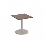 Monza square dining table with flat round brushed steel base 700mm - walnut