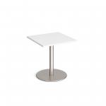 Monza square dining table with flat round brushed steel base 700mm - white