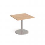 Monza square dining table with flat round brushed steel base 800mm - beech