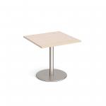 Monza square dining table with flat round brushed steel base 800mm - maple