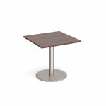 Monza square dining table with flat round brushed steel base 800mm - walnut MDS800-BS-W