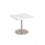 Monza square dining table with flat round brushed steel base 800mm - white MDS800-BS-WH