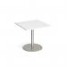 Monza square dining table with flat round brushed steel base 800mm - white MDS800-BS-WH