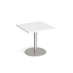 Monza square dining table with flat round brushed steel base 800mm - white MDS800-BS-WH