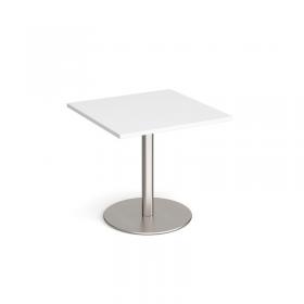 Monza square dining table with flat round brushed steel base 800mm - white MDS800-BS-WH