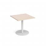 Monza square dining table with flat round white base 800mm - maple