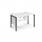 Maestro 25 straight desk 1200mm x 800mm with 2 drawer pedestal - black H-frame leg, white top MH12P2KWH