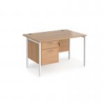 Maestro 25 straight desk 1200mm x 800mm with 2 drawer pedestal - white H-frame leg, beech top MH12P2WHB