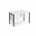 Maestro 25 straight desk 1200mm x 800mm with 3 drawer pedestal - black H-frame leg, white top MH12P3KWH