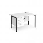 Maestro 25 straight desk 1200mm x 800mm with 3 drawer pedestal - black H-frame leg, white top MH12P3KWH