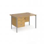 Maestro 25 straight desk 1200mm x 800mm with 3 drawer pedestal - silver H-frame leg, oak top MH12P3SO