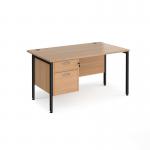 Maestro 25 straight desk 1400mm x 800mm with 2 drawer pedestal - black H-frame leg and beech top