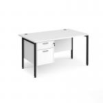 Maestro 25 straight desk 1400mm x 800mm with 2 drawer pedestal - black H-frame leg, white top MH14P2KWH