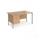 Maestro 25 straight desk 1400mm x 800mm with 2 drawer pedestal - silver H-frame leg and beech top