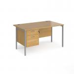 Maestro 25 straight desk 1400mm x 800mm with 2 drawer pedestal - silver H-frame leg, oak top MH14P2SO