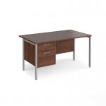 Maestro 25 straight desk 1400mm x 800mm with 2 drawer pedestal - silver H-frame leg, walnut top MH14P2SW