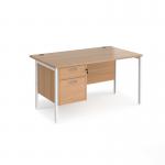 Maestro 25 straight desk 1400mm x 800mm with 2 drawer pedestal - white H-frame leg, beech top MH14P2WHB