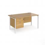 Maestro 25 straight desk 1400mm x 800mm with 2 drawer pedestal - white H-frame leg, oak top MH14P2WHO