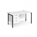 Maestro 25 straight desk 1400mm x 800mm with 3 drawer pedestal - black H-frame leg, white top MH14P3KWH