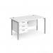 Maestro 25 straight desk 1400mm x 800mm with 3 drawer pedestal - silver H-frame leg, white top MH14P3SWH