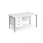 Maestro 25 straight desk 1400mm x 800mm with 3 drawer pedestal - silver H-frame leg, white top MH14P3SWH