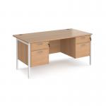Maestro 25 straight desk 1600mm x 800mm with two x 2 drawer pedestals - white H-frame leg, beech top MH16P22WHB