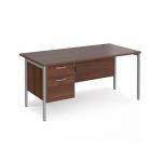 Maestro 25 straight desk 1600mm x 800mm with 2 drawer pedestal - silver H-frame leg, walnut top MH16P2SW