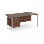 Maestro 25 straight desk 1600mm x 800mm with 2 drawer pedestal - white H-frame leg, walnut top MH16P2WHW
