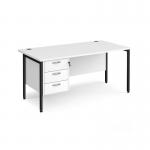 Maestro 25 straight desk 1600mm x 800mm with 3 drawer pedestal - black H-frame leg, white top MH16P3KWH