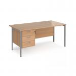 Maestro 25 straight desk 1600mm x 800mm with 3 drawer pedestal - silver H-frame leg, beech top MH16P3SB