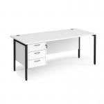Maestro 25 straight desk 1800mm x 800mm with 3 drawer pedestal - black H-frame leg, white top MH18P3KWH